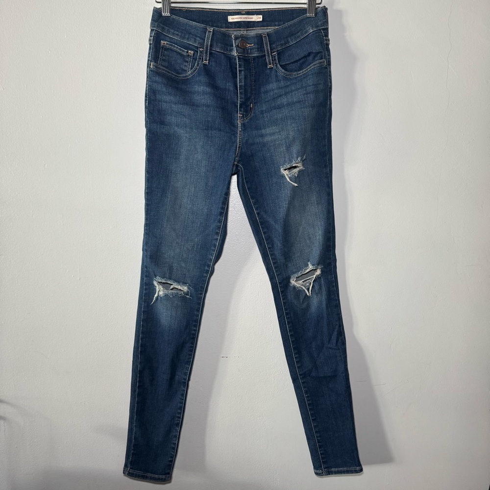 Levi's 720 High Rise Super Skinny Jeans Stretch Blue Denim Distressed Women’s 28